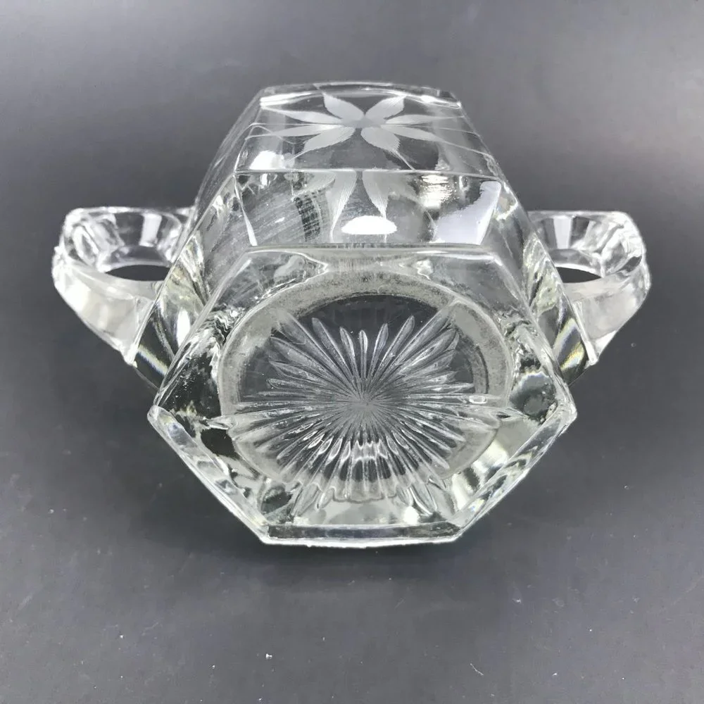 Heavy Vintage hexagonal, etched cream and sugar set
